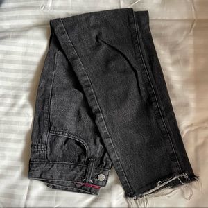 washed black straight leg high rise jeans